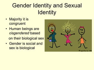 Gender Identity and Sexual
Identity
• Majority it is
congruent
• Human beings are
cisgendered based
on their biological sex
• Gender is social and
sex is biological
 