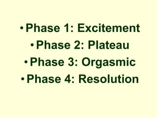 •Phase 1: Excitement
•Phase 2: Plateau
•Phase 3: Orgasmic
•Phase 4: Resolution
 