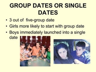 GROUP DATES OR SINGLE
DATES
• 3 out of five-group date
• Girls more likely to start with group date
• Boys immediately launched into a single
date
 