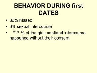 BEHAVIOR DURING first
DATES
• 36% Kissed
• 3% sexual intercourse
• *17 % of the girls confided intercourse
happened without their consent
 