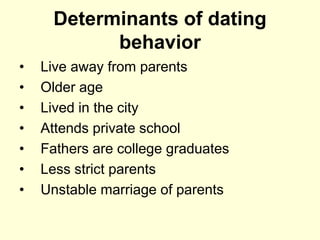 Determinants of dating
behavior
• Live away from parents
• Older age
• Lived in the city
• Attends private school
• Fathers are college graduates
• Less strict parents
• Unstable marriage of parents
 