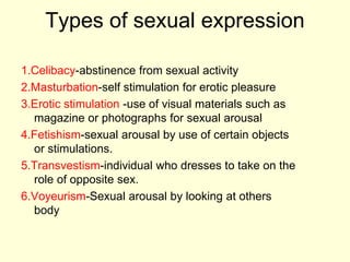 Types of sexual expression
1.Celibacy-abstinence from sexual activity
2.Masturbation-self stimulation for erotic pleasure
3.Erotic stimulation -use of visual materials such as
magazine or photographs for sexual arousal
4.Fetishism-sexual arousal by use of certain objects
or stimulations.
5.Transvestism-individual who dresses to take on the
role of opposite sex.
6.Voyeurism-Sexual arousal by looking at others
body
 