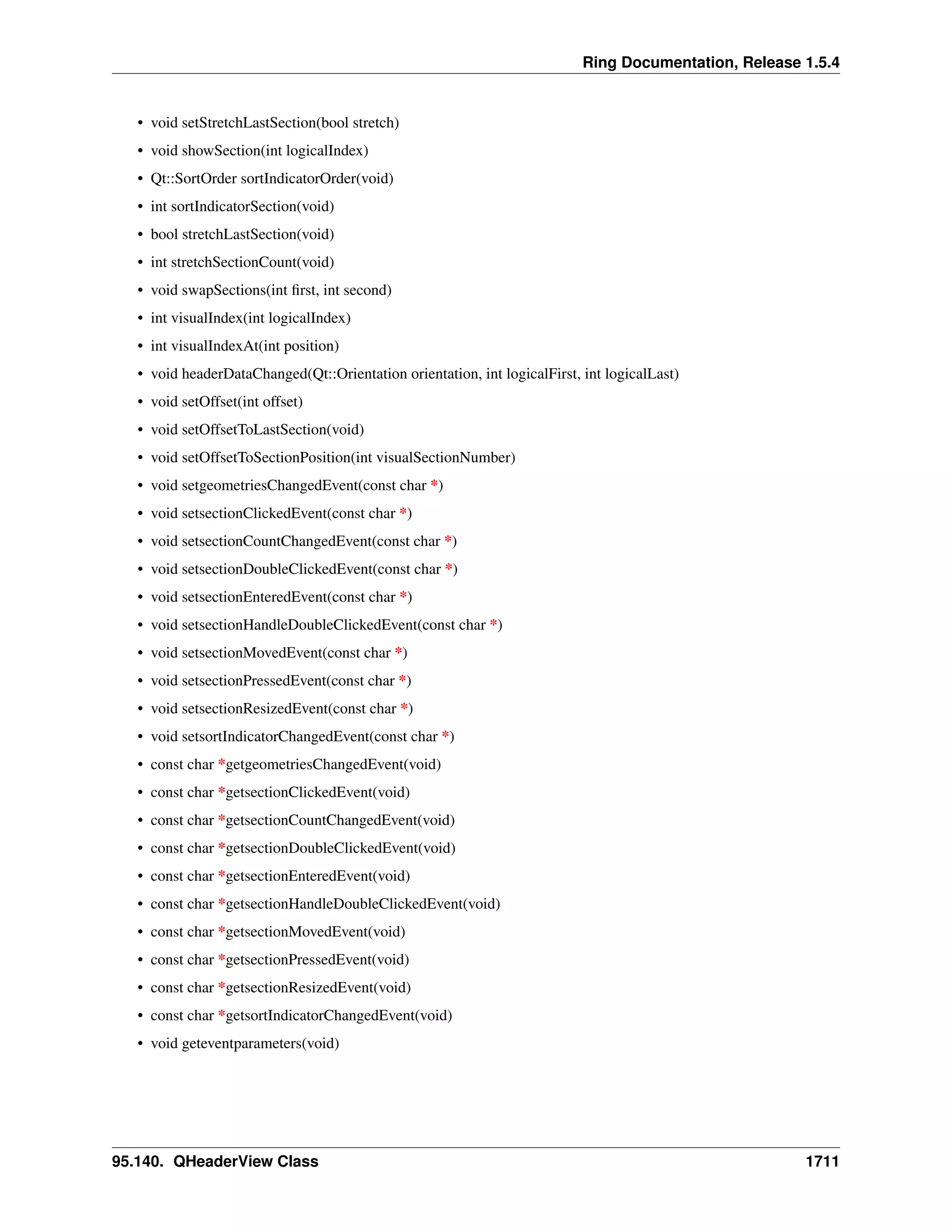 Ring Documentation, Release 1.5.4
• void setStretchLastSection(bool stretch)
• void showSection(int logicalIndex)
• Qt::SortOrder sortIndicatorOrder(void)
• int sortIndicatorSection(void)
• bool stretchLastSection(void)
• int stretchSectionCount(void)
• void swapSections(int ﬁrst, int second)
• int visualIndex(int logicalIndex)
• int visualIndexAt(int position)
• void headerDataChanged(Qt::Orientation orientation, int logicalFirst, int logicalLast)
• void setOffset(int offset)
• void setOffsetToLastSection(void)
• void setOffsetToSectionPosition(int visualSectionNumber)
• void setgeometriesChangedEvent(const char *)
• void setsectionClickedEvent(const char *)
• void setsectionCountChangedEvent(const char *)
• void setsectionDoubleClickedEvent(const char *)
• void setsectionEnteredEvent(const char *)
• void setsectionHandleDoubleClickedEvent(const char *)
• void setsectionMovedEvent(const char *)
• void setsectionPressedEvent(const char *)
• void setsectionResizedEvent(const char *)
• void setsortIndicatorChangedEvent(const char *)
• const char *getgeometriesChangedEvent(void)
• const char *getsectionClickedEvent(void)
• const char *getsectionCountChangedEvent(void)
• const char *getsectionDoubleClickedEvent(void)
• const char *getsectionEnteredEvent(void)
• const char *getsectionHandleDoubleClickedEvent(void)
• const char *getsectionMovedEvent(void)
• const char *getsectionPressedEvent(void)
• const char *getsectionResizedEvent(void)
• const char *getsortIndicatorChangedEvent(void)
• void geteventparameters(void)
95.140. QHeaderView Class 1711
 
