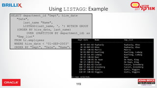 119
Using LISTAGG: Example
SELECT department_id "Dept", hire_date
"Date",
last_name "Name",
LISTAGG(last_name, ', ') WITHIN GROUP
(ORDER BY hire_date, last_name)
OVER (PARTITION BY department_id) as
"Emp_list"
FROM hr.employees
WHERE hire_date < '01-SEP-2003'
ORDER BY "Dept", "Date", "Name";
 