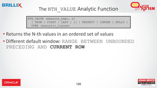 120
• Returns the N-th values in an ordered set of values
• Different default window: RANGE BETWEEN UNBOUNDED
PRECEDING AND CURRENT ROW
The NTH_VALUE Analytic Function
NTH_VALUE (measure_expr, n)
[ FROM { FIRST | LAST } ][ { RESPECT | IGNORE } NULLS ]
OVER (analytic_clause)
 