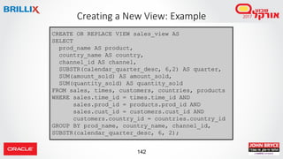 142
Creating a New View: Example
CREATE OR REPLACE VIEW sales_view AS
SELECT
prod_name AS product,
country_name AS country,
channel_id AS channel,
SUBSTR(calendar_quarter_desc, 6,2) AS quarter,
SUM(amount_sold) AS amount_sold,
SUM(quantity_sold) AS quantity_sold
FROM sales, times, customers, countries, products
WHERE sales.time_id = times.time_id AND
sales.prod_id = products.prod_id AND
sales.cust_id = customers.cust_id AND
customers.country_id = countries.country_id
GROUP BY prod_name, country_name, channel_id,
SUBSTR(calendar_quarter_desc, 6, 2);
 