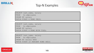 169
Top-N Examples
SELECT last_name, salary
FROM hr.employees
ORDER BY salary
FETCH FIRST 4 ROWS ONLY;
SELECT last_name, salary
FROM hr.employees
ORDER BY salary
FETCH FIRST 4 ROWS WITH TIES;
SELECT last_name, salary
FROM hr.employees
ORDER BY salary DESC
FETCH FIRST 10 PERCENT ROWS ONLY;
 