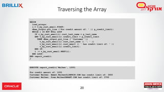 20
Traversing the Array
...
BEGIN
load_arrays;
i:= v_by_cust_email.FIRST;
dbms_output.put_line ('For credit amount of: ' || p_credit_limit);
WHILE i IS NOT NULL LOOP
IF v_by_cust_email(i).cust_last_name = p_last_name
AND v_by_cust_email(i).credit_limit > p_credit_limit
THEN dbms_output.put_line ( 'Customer '||
v_by_cust_email(i).cust_last_name || ': ' ||
v_by_cust_email(i).cust_email || ' has credit limit of: ' ||
v_by_cust_email(i).credit_limit);
END IF;
i := v_by_cust_email.NEXT(i);
END LOOP;
END report_credit;
/
EXECUTE report_credit('Walken', 1200)
For credit amount of: 1200
Customer Walken: Emmet.Walken@LIMPKIN.COM has credit limit of: 3600
Customer Walken: Prem.Walken@BRANT.COM has credit limit of: 3700
 