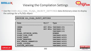 202
• Use the USER|ALL|DBA_PLSQL_OBJECT_SETTINGS data dictionary views to display
the settings for a PL/SQL object:
Viewing the Compilation Settings
DESCRIBE ALL_PLSQL_OBJECT_SETTINGS
Name Null? Type
------------------------- -------- --------------------
OWNER NOT NULL VARCHAR2(30)
NAME NOT NULL VARCHAR2(30)
TYPE VARCHAR2(12)
PLSQL_OPTIMIZE_LEVEL NUMBER
PLSQL_CODE_TYPE VARCHAR2(4000)
PLSQL_DEBUG VARCHAR2(4000)
PLSQL_WARNINGS VARCHAR2(4000)
NLS_LENGTH_SEMANTICS VARCHAR2(4000)
PLSQL_CCFLAGS VARCHAR2(4000)
PLSCOPE_SETTINGS VARCHAR2(4000)
 