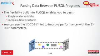 239
• The flexibility built into PL/SQL enables you to pass:
• Simple scalar variables
• Complex data structures
• You can use the NOCOPY hint to improve performance with the IN
OUT parameters.
Passing Data Between PL/SQL Programs
 