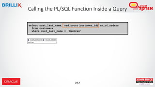 257
Calling the PL/SQL Function Inside a Query
select cust_last_name, ord_count(customer_id) no_of_orders
from customers
where cust_last_name = 'MacGraw'
 