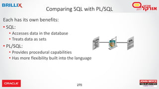 270
Each has its own benefits:
• SQL:
• Accesses data in the database
• Treats data as sets
• PL/SQL:
• Provides procedural capabilities
• Has more flexibility built into the language
Comparing SQL with PL/SQL
 