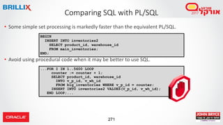 271
• Some simple set processing is markedly faster than the equivalent PL/SQL.
• Avoid using procedural code when it may be better to use SQL.
Comparing SQL with PL/SQL
...FOR I IN 1..5600 LOOP
counter := counter + 1;
SELECT product_id, warehouse_id
INTO v_p_id, v_wh_id
FROM big_inventories WHERE v_p_id = counter;
INSERT INTO inventories2 VALUES(v_p_id, v_wh_id);
END LOOP;...
BEGIN
INSERT INTO inventories2
SELECT product_id, warehouse_id
FROM main_inventories;
END;
 