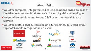 3
About Brillix
• We offer complete, integrated end-to-end solutions based on best-of-
breed innovations in database, security and big data technologies
• We provide complete end-to-end 24x7 expert remote database
services
• We offer professional customized on-site trainings, delivered by our
top-notch world recognized instructors
 