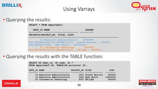 34
• Querying the results:
• Querying the results with the TABLE function:
Using Varrays
SELECT * FROM department;
DEPT_ID NAME BUDGET
---------- ------------------------- ----------
PROJECTS(PROJECT_NO, TITLE, COST)
-----------------------------------------------------------------
10 Executive Administration 30000000
TYP_PROJECTLIST(TYP_PROJECT(1001, 'Travel Monitor', 400000),
TYP_PROJECT(1002, 'Open World', 10000000))
20 Information Technology 5000000
TYP_PROJECTLIST(TYP_PROJECT(2001, 'DB11gR2', 900000))
SELECT d2.dept_id, d2.name, d1.*
FROM department d2, TABLE(d2.projects) d1;
DEPT_ID NAME PROJECT_NO TITLE COST
------- ------------------------ ---------- -------------- --------
10 Executive Administration 1001 Travel Monitor 400000
10 Executive Administration 1002 Open World 10000000
20 Information Technology 2001 DB11gR2 900000
 