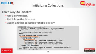 38
Three ways to initialize:
• Use a constructor.
• Fetch from the database.
• Assign another collection variable directly.
Initializing Collections
PROCEDURE allocate_new_proj_list
(p_dept_id NUMBER, p_name VARCHAR2, p_budget NUMBER)
IS
v_accounting_project typ_projectlist;
BEGIN
-- this example uses a constructor
v_accounting_project :=
typ_ProjectList
(typ_Project (1, 'Dsgn New Expense Rpt', 3250),
typ_Project (2, 'Outsource Payroll', 12350),
typ_Project (3, 'Audit Accounts Payable',1425));
INSERT INTO department
VALUES(p_dept_id, p_name, p_budget, v_accounting_project);
END allocate_new_proj_list;
 