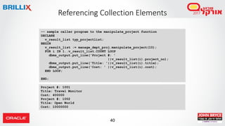 40
Referencing Collection Elements
-- sample caller program to the manipulate_project function
DECLARE
v_result_list typ_projectlist;
BEGIN
v_result_list := manage_dept_proj.manipulate_project(10);
FOR i IN 1..v_result_list.COUNT LOOP
dbms_output.put_line('Project #: '
||v_result_list(i).project_no);
dbms_output.put_line('Title: '||v_result_list(i).title);
dbms_output.put_line('Cost: ' ||v_result_list(i).cost);
END LOOP;
END;
Project #: 1001
Title: Travel Monitor
Cost: 400000
Project #: 1002
Title: Open World
Cost: 10000000
 