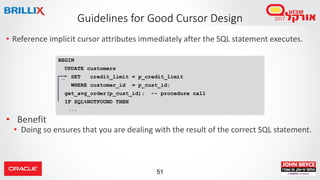 51
• Reference implicit cursor attributes immediately after the SQL statement executes.
• Benefit
• Doing so ensures that you are dealing with the result of the correct SQL statement.
Guidelines for Good Cursor Design
BEGIN
UPDATE customers
SET credit_limit = p_credit_limit
WHERE customer_id = p_cust_id;
get_avg_order(p_cust_id); -- procedure call
IF SQL%NOTFOUND THEN
...
``
 