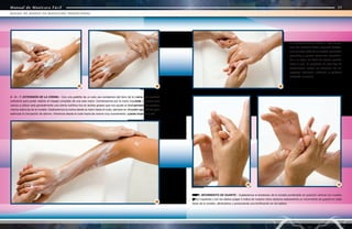 Manual de Manicura Fácil
Manual de Manicura Fácil
5 - 6 - 7. EXTENSIÓN DE LA CREMA - Con una paletita de un solo uso extraemos del tarro de la crema una cantidad
suficiente para poder realizar el masaje completo de una sola mano. Comenzamos por la mano izquierda. La crema que
vamos a utilizar será generalmente una crema nutritiva rica en ácidos grasos que nos ayude al deslizamiento de nuestras
manos sobre las de la modelo. Deslizaremos la crema desde la mano hasta el codo, siempre en dirección ascendente para
estimular la circulación de retorno. Volvemos desde el codo hacia las manos muy suavemente, apenas rozando la piel.
9 - 10. MOVIMIENTO DE GUANTE - Sujetaremos el antebrazo de la modelo poniéndolo en posición vertical con nuestra
mano izquierda y con los dedos pulgar e índice de nuestra mano derecha realizaremos un movimiento de guante en cada
dedo de la modelo, afinándolos y produciendo una tonificación en los tejidos.
8. AMASAMIENTO DIGITAL - Con las ye-
mas de nuestros dedos pulgares trabaja-
mos en cada dedo de la modelo realizando
pequeñas y suaves rotaciones ascenden-
tes a lo largo, sin dejar de ejercer presión
sobre la piel. El propósito de este tipo de
movimientos cortos es estimular los re-
ceptores nerviosos cutáneos y producir
relajación muscular.
08
06
24
25
MASAJE DE MANOS EN MANICURA TRADICIONAL
Manual de Manicura Fácil
10
09
05
07
 