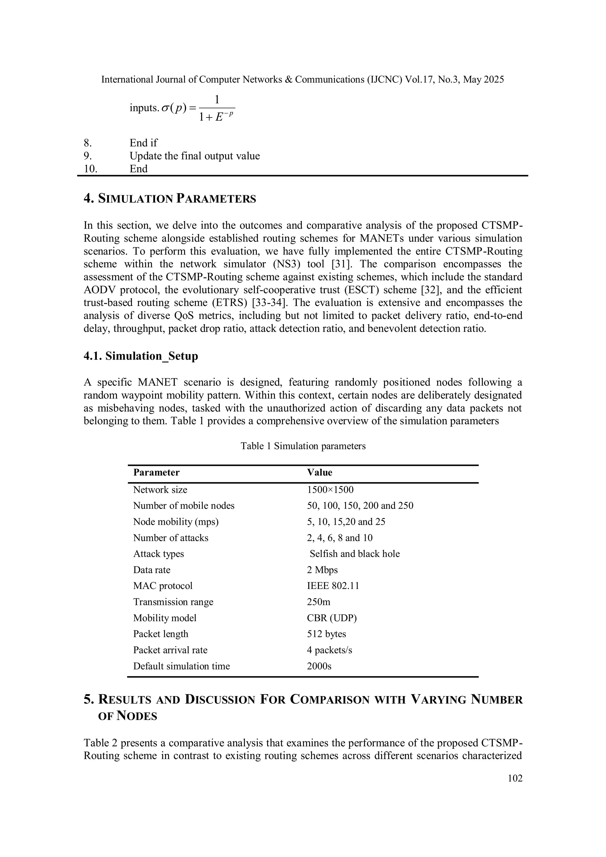 International Journal of Computer Networks & Communications (IJCNC) Vol.17, No.3, May 2025 102 inputs. p E p    1 1 ) (  8. End if 9. Update the final output value 10. End 4. SIMULATION PARAMETERS In this section, we delve into the outcomes and comparative analysis of the proposed CTSMP- Routing scheme alongside established routing schemes for MANETs under various simulation scenarios. To perform this evaluation, we have fully implemented the entire CTSMP-Routing scheme within the network simulator (NS3) tool [31]. The comparison encompasses the assessment of the CTSMP-Routing scheme against existing schemes, which include the standard AODV protocol, the evolutionary self-cooperative trust (ESCT) scheme [32], and the efficient trust-based routing scheme (ETRS) [33-34]. The evaluation is extensive and encompasses the analysis of diverse QoS metrics, including but not limited to packet delivery ratio, end-to-end delay, throughput, packet drop ratio, attack detection ratio, and benevolent detection ratio. 4.1. Simulation_Setup A specific MANET scenario is designed, featuring randomly positioned nodes following a random waypoint mobility pattern. Within this context, certain nodes are deliberately designated as misbehaving nodes, tasked with the unauthorized action of discarding any data packets not belonging to them. Table 1 provides a comprehensive overview of the simulation parameters Table 1 Simulation parameters Parameter Value Network size 1500×1500 Number of mobile nodes 50, 100, 150, 200 and 250 Node mobility (mps) 5, 10, 15,20 and 25 Number of attacks 2, 4, 6, 8 and 10 Attack types Selfish and black hole Data rate 2 Mbps MAC protocol IEEE 802.11 Transmission range 250m Mobility model CBR (UDP) Packet length 512 bytes Packet arrival rate 4 packets/s Default simulation time 2000s 5. RESULTS AND DISCUSSION FOR COMPARISON WITH VARYING NUMBER OF NODES Table 2 presents a comparative analysis that examines the performance of the proposed CTSMP- Routing scheme in contrast to existing routing schemes across different scenarios characterized 