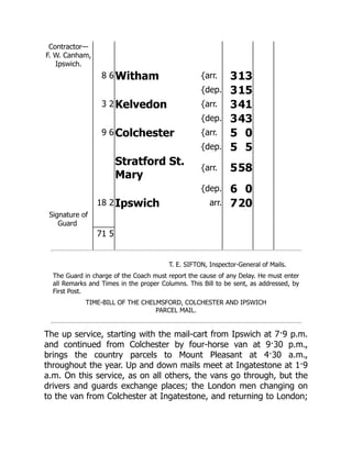 Contractor—
F. W. Canham,
Ipswich.
8 6 Witham {arr. 313
{dep. 315
3 2 Kelvedon {arr. 341
{dep. 343
9 6 Colchester {arr. 5 0
{dep. 5 5
Stratford St.
Mary
{arr. 558
{dep. 6 0
18 2 Ipswich arr. 720
Signature of
Guard
71 5
T. E. SIFTON, Inspector-General of Mails.
The Guard in charge of the Coach must report the cause of any Delay. He must enter
all Remarks and Times in the proper Columns. This Bill to be sent, as addressed, by
First Post.
TIME-BILL OF THE CHELMSFORD, COLCHESTER AND IPSWICH
PARCEL MAIL.
The up service, starting with the mail-cart from Ipswich at 7·9 p.m.
and continued from Colchester by four-horse van at 9·30 p.m.,
brings the country parcels to Mount Pleasant at 4·30 a.m.,
throughout the year. Up and down mails meet at Ingatestone at 1·9
a.m. On this service, as on all others, the vans go through, but the
drivers and guards exchange places; the London men changing on
to the van from Colchester at Ingatestone, and returning to London;
 