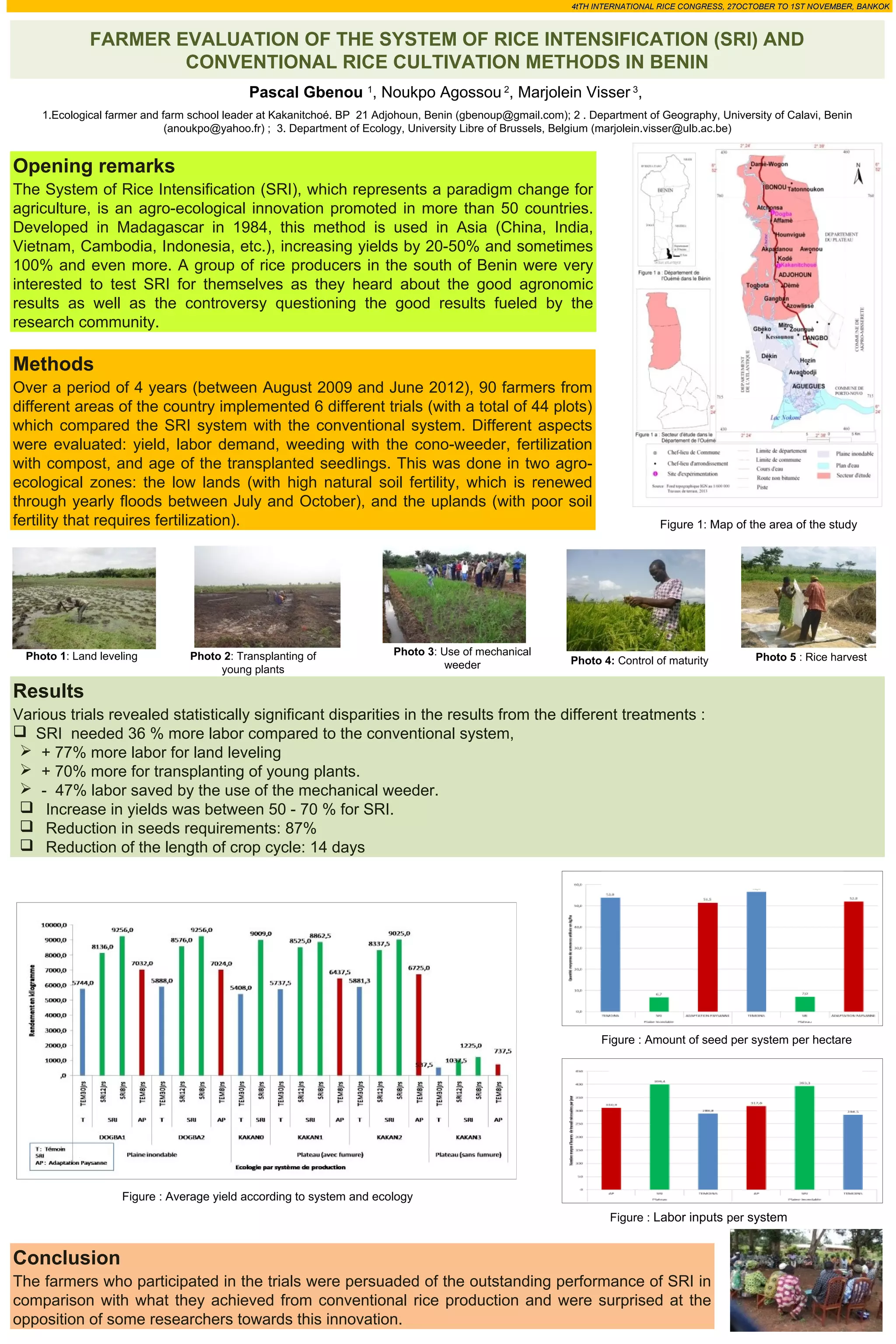 4tTH INTERNATIONAL RICE CONGRESS, 27OCTOBER TO 11SSTT NNOOVVEEMMBBEERR,, BBAANNKKOOKK
FARMER EVALUATION OF THE SYSTEM OF RICE INTENSIFICATION (SRI) AND
CONVENTIONAL RICE CULTIVATION METHODS IN BENIN
Pascal Gbenou 1, Noukpo Agossou 2, Marjolein Visser 3,
1.Ecological farmer and farm school leader at Kakanitchoé. BP 21 Adjohoun, Benin (gbenoup@gmail.com); 2 . Department of Geography, University of Calavi, Benin
(anoukpo@yahoo.fr) ; 3. Department of Ecology, University Libre of Brussels, Belgium (marjolein.visser@ulb.ac.be)
Opening remarks
The System of Rice Intensification (SRI), which represents a paradigm change for
agriculture, is an agro-ecological innovation promoted in more than 50 countries.
Developed in Madagascar in 1984, this method is used in Asia (China, India,
Vietnam, Cambodia, Indonesia, etc.), increasing yields by 20-50% and sometimes
100% and even more. A group of rice producers in the south of Benin were very
interested to test SRI for themselves as they heard about the good agronomic
results as well as the controversy questioning the good results fueled by the
research community.
Methods
Over a period of 4 years (between August 2009 and June 2012), 90 farmers from
different areas of the country implemented 6 different trials (with a total of 44 plots)
which compared the SRI system with the conventional system. Different aspects
were evaluated: yield, labor demand, weeding with the cono-weeder, fertilization
with compost, and age of the transplanted seedlings. This was done in two agro-ecological
zones: the low lands (with high natural soil fertility, which is renewed
through yearly floods between July and October), and the uplands (with poor soil
fertility that requires fertilization).
Figure 1: Map of the area of the study
Photo 1: Land leveling Photo 2: Transplanting of
Photo 3: Use of mechanical
young plants
weeder Photo 4: Control of maturity Photo 5 : Rice harvest
Results
Various trials revealed statistically significant disparities in the results from the different treatments :
SRI needed 36 % more labor compared to the conventional system,
+ 77% more labor for land leveling
+ 70% more for transplanting of young plants.
- 47% labor saved by the use of the mechanical weeder.
Increase in yields was between 50 - 70 % for SRI.
Reduction in seeds requirements: 87%
Reduction of the length of crop cycle: 14 days
Figure : Average yield according to system and ecology
Figure : Amount of seed per system per hectare
Figure : Labor inputs per system
Conclusion
The farmers who participated in the trials were persuaded of the outstanding performance of SRI in
comparison with what they achieved from conventional rice production and were surprised at the
opposition of some researchers towards this innovation.