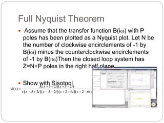 Full Nyquist Theorem
 Assume that the transfer function B(iw) with P
poles has been plotted as a Nyquist plot. Let N be
the number of clockwise encirclements of -1 by
B(iw) minus the counterclockwise encirclements
of -1 by B(iw)Then the closed loop system has
Z=N+P poles in the right half plane.
 Show with Sisotool
    
( 5 2 )( 5 2 )
( )
.5 2 .5 2 2 6 2 6
K s i s i
B s
s s i s i s i s i
   

       
 