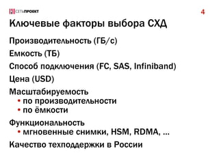 Ключевые факторы выбора СХД
Производительность (ГБ/с)
Емкость (ТБ)
Способ подключения (FC, SAS, Infiniband)
Цена (USD)
Масштабируемость
•по производительности
•по ёмкости
Функциональность
•мгновенные снимки, HSM, RDMA, …
Качество техподдержки в России
4
 