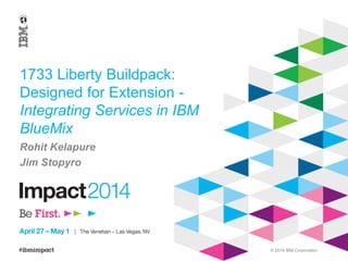 © 2014 IBM Corporation
1733 Liberty Buildpack:
Designed for Extension -
Integrating Services in IBM
BlueMix
Rohit Kelapure
Jim Stopyro
 