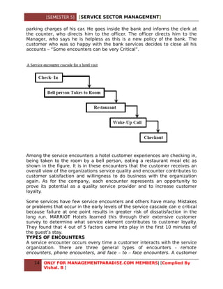 [SEMESTER 5]   [SERVICE SECTOR MANAGEMENT]

parking charges of his car. He goes inside the bank and informs the clerk at
the counter, who directs him to the officer. The officer directs him to the
Manager, who says he is helpless as this is a new policy of the bank. The
customer who was so happy with the bank services decides to close all his
accounts – “Some encounters can be very Critical”.




Among the service encounters a hotel customer experiences are checking in,
being taken to the room by a bell person, eating a restaurant meal etc as
shown in the figure. It is in these encounters that the customer receives an
overall view of the organizations service quality and encounter contributes to
customer satisfaction and willingness to do business with the organization
again. As for the company, each encounter represents an opportunity to
prove its potential as a quality service provider and to increase customer
loyalty.

Some services have few service encounters and others have many. Mistakes
or problems that occur in the early levels of the service cascade can e critical
because failure at one point results in greater risk of dissatisfaction in the
long run. MARRIOT Hotels learned this through their extensive customer
survey to determine what service element contributes to customer loyalty.
They found that 4 out of 5 factors came into play in the first 10 minutes of
the guest’s stay.
TYPES OF ENCOUNTERS
A service encounter occurs every time a customer interacts with the service
organization. There are three general types of encounters - remote
encounters, phone encounters, and face – to – face encounters. A customer

   14   ONLY FOR MANAGEMENTPARADISE.COM MEMBERS| [Complied By
        Vishal. B ]
 