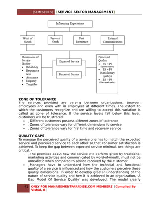 [SEMESTER 5]   [SERVICE SECTOR MANAGEMENT]




ZONE OF TOLERANCE
The services provided are varying between organizations, between
employees and even with in employees at different times. The extent to
which the customers recognize and are willing to accept this variation is
called as zone of tolerance. If the service levels fall below this level,
customers will be frustrated.
   •   Different customers possess different zones of tolerance
   •    Zones of tolerance vary for different dimensions fo service
   •     Zones of tolerance vary for first time and recovery service

QUALITY GAPS
To manage the perceived quality of a service one has to match the expected
service and perceived service to each other so that consumer satisfaction is
achieved. To keep the gap between expected service minimal, two things are
critical: -
    •    The promises about how the service will perform given by traditional
       marketing activities and communicated by word-of-mouth, must not be
       unrealistic when compared to service received by the customer.
    •     Managers have to understand how the technical and functional
       quality of a service is influenced and how the customers perceive these
       quality dimensions. In order to develop greater understanding of the
       nature of service quality and how it is achieved in an organization, ‘A
       Gap Model Of Service Quality’ was developed. The model clearly

   41   ONLY FOR MANAGEMENTPARADISE.COM MEMBERS| [Complied By
        Vishal. B ]
 