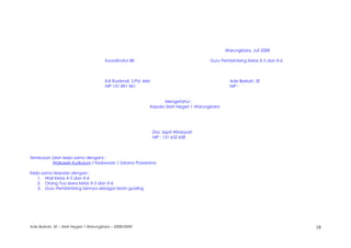 Warungkiara, Juli 2008
Koordinator BK Guru Pembimbing Kelas X-5 dan X-6
Edi Rustendi, S.Pd, MM Ade Barkah, SE
NIP 131 891 961 NIP -
Mengetahui :
Kepala SMA Negeri 1 Warungkiara
Dra. Septi Wirdayati
NIP : 131 652 438
Tembusan (dan kerja sama dengan) :
Wakasek Kurikulum / Kesiswaan / Sarana Prasarana
Kerja sama terpadu dengan :
1. Wali Kelas X-5 dan X-6
2. Orang Tua siswa kelas X-5 dan X-6
3. Guru Pembimbing lainnya sebagai team guiding
Ade Barkah, SE – SMA Negeri 1 Warungkiara – 2008/2009 18
 