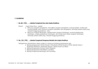 C. SK MENPAN
1. No. 84 / 1993 : Jabatan Fungsional Guru dan Angka Kreditnya
Pasal 3 : Tugas Pokok Guru , adalah
a. Menyusun program pengajaran, menyajikan program pengajaran, evaluasi belajar, analisis hasil
evaluasi belajar, serta menyusun program perbaikan dan pengajaran, terhadap peserta didik yang
menjadi tanggung jawabnya , atau
b. Menyusun Program Bimbingan, melaksanakan program bimbingan, evaluasi pelaksanaan
bimbingan, analisis pelaksanaan bimbingan, dan tindak lanjut dalam program bimbingan
terhadap peserta didik yang menjadi tanggung jawabnya.
2. No. 118 / 1995 : Jabatan Fungsional Pengawas Sekolah dan Angka Kreditnya
Sebagaimana dimaksdukan dalam angka (1) mempunyai bidang pengawasan sbb:
a. Bidang pengawasan Taman Kanak-2 / Raudhatul Athfal/ bustanul Athfal, Sekolah Dasar /
Madrasah Ibtidaiyah / Madrasah Diniyah / Sekola Dasar Luar Biasa
b. Bidang Pengawasan Rumpun Mata Pelajaran
c. Bidang Pengawasan Pendidikan Luar Biasa
d. Bidang Pengawasa Bimbingan dan Konseling
Ade Barkah, SE – SMA Negeri 1 Warungkiara – 2008/2009 20
 