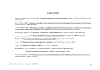 DAFTAR PUSTAKA
Depdiknas, Dirjen PDM, Direktorat PMU, Pedoman Khusus Bimbingan dan Konseling, Proyek Pengelolaan Direktorat PMU
Jakarta, 2004
Djawas Dahlan, 2003, Prespektif Profesi Bimbingan dan Konseling Berbasis Values dalam Pengembangan Fitrah Manusia,
Konvensi Nasional ABKIN, Bandung
Mohamad Surya, 2004, Peluang dan tantangan Global bagi Profesi Bimbingan dan Konseling : Implikasinya bagi Strategi
Organisasi dan Standardisasi Bimbingan dan Konseling, Bandung, Konvensi Nasional, ABKIN, Bandung
Mungin Eddy Wibowo, 2003, Konseling Dalam Sistem Pendidikan Nasional , Konvensi Nasional ABKIN, Bandung
_____________________, 2003, Pemantapan Profesionalisme Profesi Konseling, Konvensi Nasional ABKIN, Bandung
Prayitno, 1997, Buku III Pelayanan Bimbingan dan Konseling SMU, Jakarta, Ikrar Mandiri Abadi
Puskur, 2003, Panduan Pelayanan Bimbingan dan Konseling, Jakarta, Balitbang Depdiknas, 2003
Puskur, 2004, Kerangka Kurikulum 2004 (Draft) , Jakarta : Depdiknas
Ade Barkah, SE, 2003, Pendekatan ESQ dalam konseling, Konvensi Nasional ABKIN, Bandung
______________, 1999, Kegiatan Pendukung Pelayanan Bimbingan dan Konseling, Jakarta
Sunaryo Kartadinata, 2003, Kebijakan, Arah, dan Strategi Pengembangan Profesi Bimbingan dan Konseling di indonesia,
Konvensi Nasional ABKIN , Bandung
Ade Barkah, SE – SMA Negeri 1 Warungkiara – 2008/2009 24
 