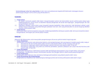 norma kebiasaan sehari-hari yang berlaku; isi dan cara-cara pelaksanaan kegiatan BK tidak boleh melanggar ataupun
bertentangan dengan norma-norma yang dimaksudkan itu
TUJUAN BK :
1. Tujuan Umum
1.1. BK adalah membantu peserta didik dalam mengembangkan potensi dan kemandirian secara optimal pada setiap tugas
perkembangannya. Tujuan Umum ini diarahkan kepada pengenalan diri sendiri dan lingkungan , pengembangan diri, dan
pengembangan arah karir
1.2. Dijabarkan kedalam tujuan-tujuan yang mengarah kepada keefektifan hidup sehari-hari, baik kehidupan pribadi, sosial,
belajar maupun kehidupan yang terkait dengan pekerjaan dan karir. Arah yang dimaksudkan itu secara langsung dikaitkan
kepada potensi peserta didik
2. Tujuan Khusus
Dirumuskan dalam bentuk kompetensi yang perlu dimiliki bagi keefektifan kehidupan peserta didik, termasuk kompetensi dalam
mengantisipasi, menangani dan memecahkan masalah
FUNGSI BK :
Pelayanan BK dilaksanakan untuk mewujudkan pengembangan diri secara optimal melalui fungsi-fungsi sbb:
1. Fungsi Pemahaman
Menghasilkan pemahaman oleh pihak-pihak tertentu untuk pengembangan dan penanganan masalah peserta didik, meliputi;
1.1. Pemahaman Diri dan kondisi peserta didik, terutama oleh peserta didik itu sendiri, orangtua (OT) dan GP
1.2. Pemahaman Lingkungan peserta didik (keluarga, sekolah) terutama oleh peserta didik, OT dan GP
1.3. Pemahaman Lingkungan yang lebih luas (informasi pendidikan, jabatan/ pekerjaan dan sosial/ nilai-nilai terutama oleh
peserta didik, OT dan GP)
2. Fungsi Pencegahan
Menghasilkan tercegahnya / terhindarnya peserta didik dari berbagai permasalahan yang mungkin timbul, yang dapat
mengganggu, menghambat ataupun menimbulkan kesulitan dan kerugian tertentu dalam proses perkembangannya
3. Fungsi Pengentasan
Menghasilkan terentaskannya atau teratasinya berbagai permasalahan yang dialami peserta didik / siswa.
4. Fungsi Pemeliharaan dan Pengembangan
Menghasilkannya terpelihara dan terkembangnya berbagai potensi dan kondisi positif peserta didik dalam rangka
Ade Barkah, SE – SMA Negeri 1 Warungkiara – 2008/2009 5
 