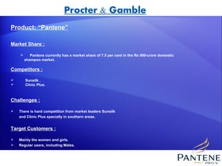 Procter & Gamble
Product: “Pantene”

Market Share :

          Pantene currently has a market share of 7.5 per cent in the Rs 900-crore domestic
        shampoo market.

Competitors :

       Sunsilk .
       Clinic Plus.



Challenges :

   There is hard competition from market leaders Sunsilk
    and Clinic Plus specially in southern areas.


Target Customers :

   Mainly the women and girls.
   Regular users, including Males.
 