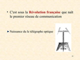 10
• C'est sous la Révolution française que naît
le premier réseau de communication
Naissance du le télégraphe optique
 