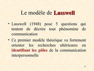 31
Le modèle de Lasswell
Lasswell
• Lasswell (1948) pose 5 questions qui
tentent de décrire tout phénomène de
communication
• Ce premier modèle théorique va fortement
orienter les recherches ultérieures en
identifiant les pôles de la communication
interpersonnelle
 