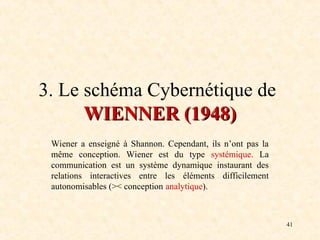 41
3. Le schéma Cybernétique de
WIENNER (1948)
WIENNER (1948)
Wiener a enseigné à Shannon. Cependant, ils n’ont pas la
même conception. Wiener est du type systémique. La
communication est un système dynamique instaurant des
relations interactives entre les éléments difficilement
autonomisables (>< conception analytique).
 