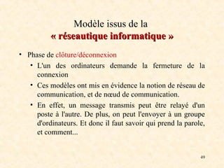 49
Modèle issus de la
«
« réseautique informatique
réseautique informatique »
»
• Phase de clôture/déconnexion
• L'un des ordinateurs demande la fermeture de la
connexion
• Ces modèles ont mis en évidence la notion de réseau de
communication, et de nœud de communication.
• En effet, un message transmis peut être relayé d'un
poste à l'autre. De plus, on peut l'envoyer à un groupe
d'ordinateurs. Et donc il faut savoir qui prend la parole,
et comment...
 