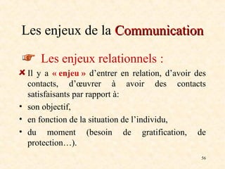 56
Les enjeux de la Communication
Communication
Les enjeux relationnels :
Il y a « enjeu » d’entrer en relation, d’avoir des
contacts, d’œuvrer à avoir des contacts
satisfaisants par rapport à:
• son objectif,
• en fonction de la situation de l’individu,
• du moment (besoin de gratification, de
protection…).
 