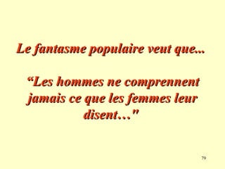 79
Le fantasme populaire veut que...
Le fantasme populaire veut que...
“
“Les hommes ne comprennent
Les hommes ne comprennent
jamais ce que les femmes leur
jamais ce que les femmes leur
disent…"
disent…"
 