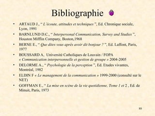 88
Bibliographie
• ARTAUD J., “ L’écoute, attitudes et techniques ”, Ed. Chronique sociale,
Lyon, 1991
• BARNLUND D.C., “ Interpersonal Communication, Survey and Studies ”,
Houston Mifflin Company, Boston,1968
• BERNE E., “ Que dites vous après avoir dit bonjour ? ”, Ed. Laffont, Paris,
1977
• BOUSSARD A, Université Catholiques de Louvain / FOPA
« Communication interpersonnelle et gestion de groupe » 2004-2005
• DELORME A., “ Psychologie de la perception ”, Ed. Etudes vivantes,
Montréal, 1982
• ELDIN F « Le management de la communication » 1999-2000 (consulté sur le
NET)
• GOFFMAN E., “ La mise en scène de la vie quotidienne, Tome 1 et 2 , Ed. de
Minuit, Paris, 1973
 