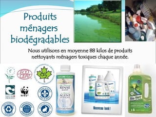Nous utilisons en moyenne 88 kilos de produits
nettoyants ménagers toxiques chaque année.
Produits
ménagers
biodégradables
 