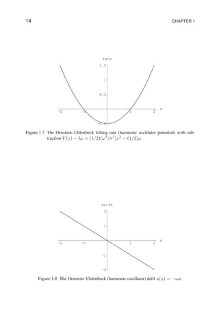 14 CHAPTER 1
-2 -1 1 2
x
-0.5
0.5
1
1.5
rate
Figure 1.7 The Ornstein–Uhlenbeck killing rate (harmonic oscillator potential) with sub-
traction V (x) − λ0 = (1/2)(ω2
/σ2
)x2
− (1/2)ω.
-2 -1 1 2
x
-2
-1
1
2
drift
Figure 1.8 The Ornstein–Uhlenbeck (harmonic oscillator) drift u(x) = −ωx.
 