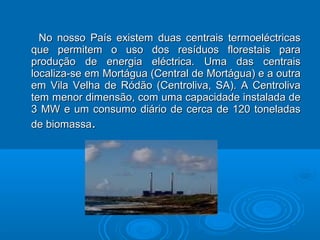 No nosso País existem duas centrais termoeléctricasNo nosso País existem duas centrais termoeléctricas
que permitem o uso dos resíduos florestais paraque permitem o uso dos resíduos florestais para
produção de energia eléctrica. Uma das centraisprodução de energia eléctrica. Uma das centrais
localiza-se em Mortágua (Central de Mortágua) e a outralocaliza-se em Mortágua (Central de Mortágua) e a outra
em Vila Velha de Ródão (Centroliva, SA). A Centrolivaem Vila Velha de Ródão (Centroliva, SA). A Centroliva
tem menor dimensão, com uma capacidade instalada detem menor dimensão, com uma capacidade instalada de
3 MW e um consumo diário de cerca de 120 toneladas3 MW e um consumo diário de cerca de 120 toneladas
de biomassade biomassa..
 