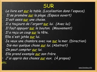 SUR
 • Le livre est sur la table. (Localisation dans l'espace).
 •  Il se promène sur la plage. (Espace ouvert)
 • Il est assis sur une chaise. 
 • Il a toujours de l'argent sur lui.  (Avec lui)
 • Il faut appuyer sur le bouton.  (Mouvement)
 • Il a reçu un coup sur la tête.
 • Elle s'est jetée sur lui.  
 • Je veux une chambre avec vue sur la mer. (Direction)
 •  Dis-moi quelque chose sur lui. (Abstrait)
 • On peut compter sur lui. 
 • Elle prend exemple sur son frère.
 • J'ai appris des choses sur eux.  (À propos)
etc.
                                                     www.blondeau.info
 