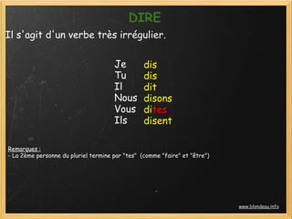 DIRE
Il s'agit d'un verbe très irrégulier.

                                       Je        dis
                                       Tu        dis
                                       Il        dit
                                       Nous      disons
                                       Vous      dites
                                       Ils       disent

Remarques :
- La 2ème personne du pluriel termine par "tes"  (comme "faire" et "être")




                                                                             www.blondeau.info
 