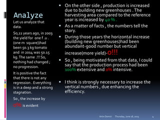 Analyze
Let us analyze that
data.
So,11 years ago, in 2003
the yield for one f .u .
(one m square))had
been 50.3 kg tomato
and in 2014 was 50.15
kg.The same .!!! So,
nothing had changed ;
no progression.
It is positive the fact
that there is not any
regression . Everything
is in a deep and a strong
stagnation.
So , the increase by
0% is evident
 On the other side , production is increased
due to building new greenhouses .The
harvesting area compared to the reference
year is increased by 40 % .
 As a matter of facts , the numbers tell the
story.
 During those years the horizontal increase
(building new greenhouses)had been
abundant-good number but vertical
increase(more yield)-0!!!
 So , being motivated from that data, I could
say that the production process had been
100% extensive and 0% intensive.
 I think is strongly necessary to increase the
vertical numbers , due enhancing the
efficiency.
Thursday, June 18, 2015Artin Demiri 4
 