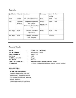 Education
Qualification University Institution Percentage Year of
passing
Class
SSLC KSEEB KVB School, Chintamani. 75.84 2007 First
PUC Karnataka
PU Board
Venkatadri independent
P.U College,
Chintamani,Chickkaballapur
Dist
70.33%
PCB-76.33%
2009 First
BSc ( Agri) UASB College of Sericulture
Chintamani
84.3% 2013 First
MSc.(Agri) UASB College of Agriculture
GKVK Bangalore
Pursuing
Personal Details
NAME : TANWEER AHMED.M
FATHER NAME : Late Muneer Ahmed.
DATE OF BIRTH : 04-02-1991
GENDER : Male
MARITAL STATUS : Single
RELIGION : Muslim
LANGUAGES KNOWN : English, Hindi, Kannada, Urdu and Telugu
INTERESTS : Working with Farming community, Playing Football, Reading.
REFERENCES:
Dr.B.K. Narayanaswamy
Proffesor of Extension and Head
Department of Distance Education
University of Agricultural Sciences,
GKVK, Banglore.
E mail:narayana.bks@gmail.com
 